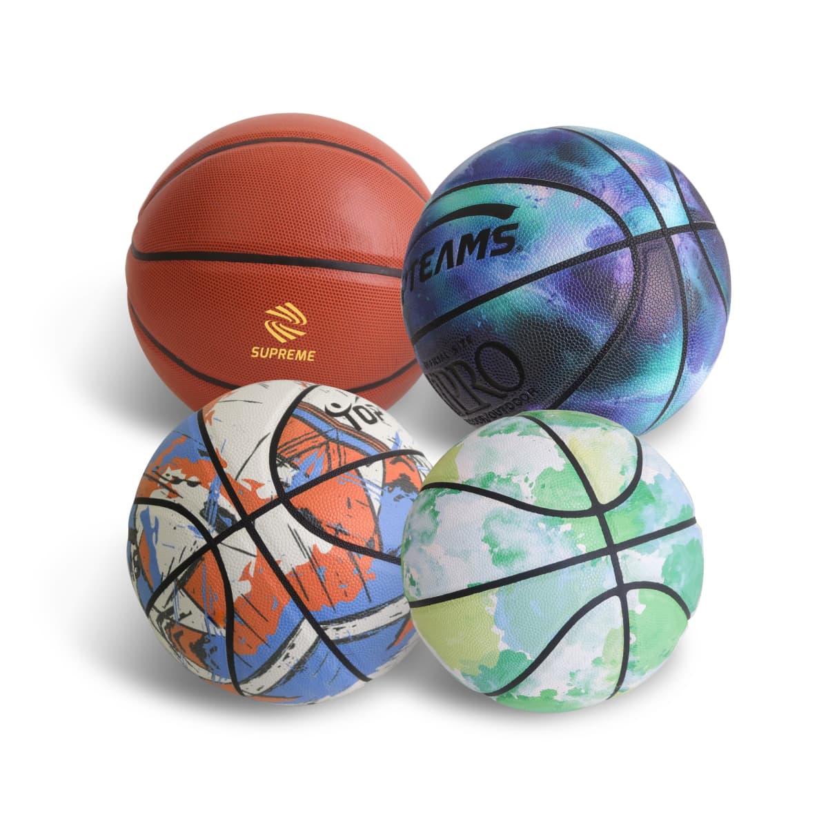 Four basketballs are displayed. One is classic orange with Supreme in gold, another is blue and black with a galaxy design, a third has abstract orange, white, and blue patterns, and the fourth features green and white cloud-like patterns.