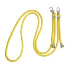 A long, yellow rope with metal clips on both ends, arranged in a loose coil on a white background.