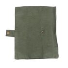 A square olive green fabric pouch with a flap and two bronze snap buttons, one on the flap and one on an extended tab.