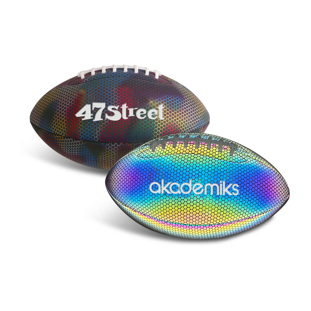 Two footballs are shown. The first is dark with 47Street written on it. The second football has a colorful, iridescent pattern with akademiks inscribed on it. Both have a textured, hexagonal design.