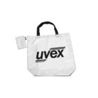 White tote bag with black handles, featuring the uvex logo in bold black letters. Attached is a small matching pouch on the left side.