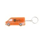 An orange van-shaped keychain with the text PANEVĖŽIO REGIONO KELIAI printed on it, attached to a silver key ring.
