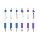 Six white retractable pens are displayed in two rows. The top half of each pen features a grip and clip in alternating blue and purple colors, with chrome tops and tips. The pens are evenly spaced and aligned vertically.