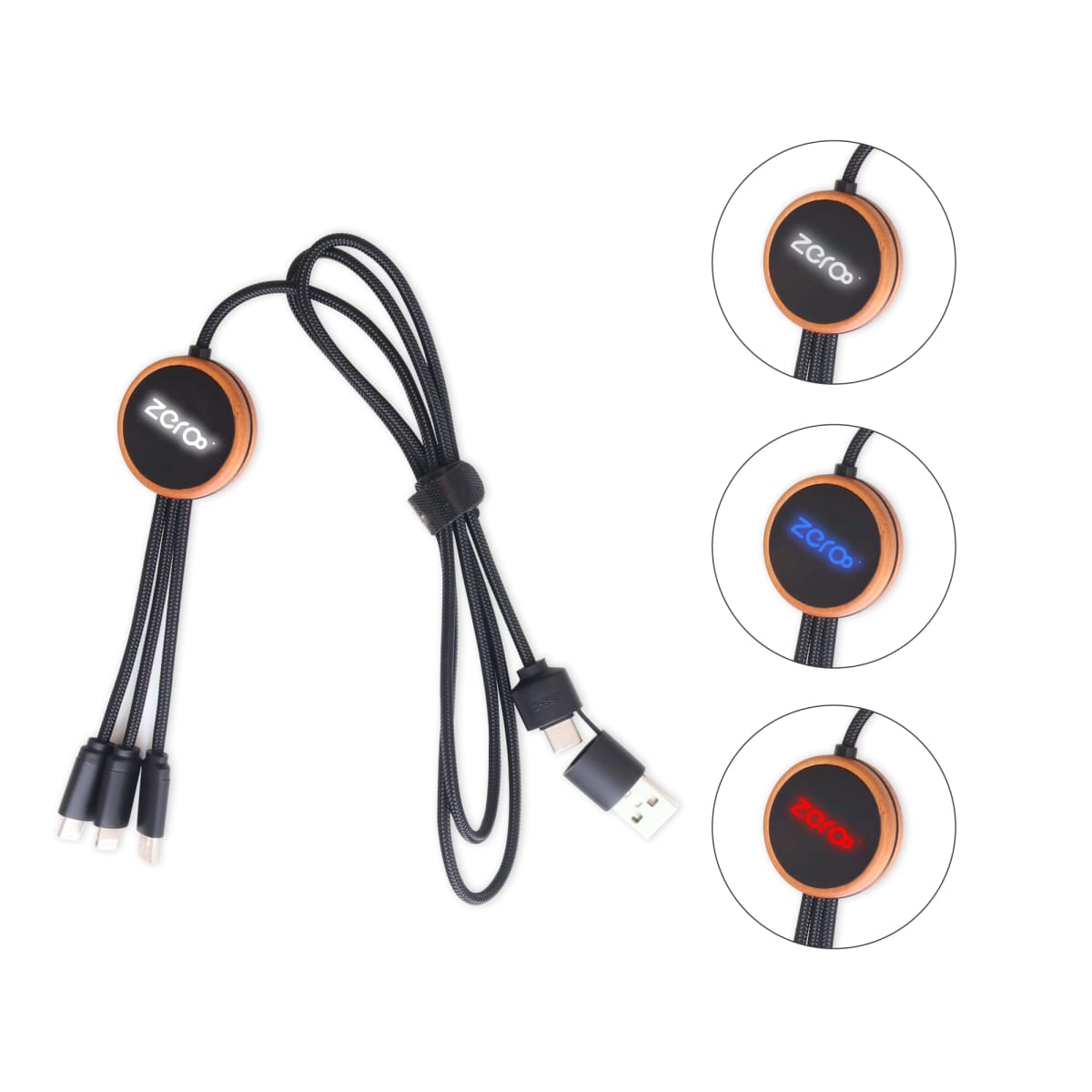 A multifunctional charging cable with a USB connector and three different charging plugs. It features a circular hub with the logo ZORO in varying colors: white, blue, and red, as shown in three small images to the right.
