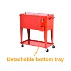 A red wheeled cooler with two top lids, a side bottle opener, and a small attached bin. It features a detachable bottom tray, highlighted with an orange label and arrow.