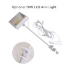 LED arm light with a 70W power rating. It features a long, adjustable arm with a clamp for mounting and an attached power cord. Includes a close-up of the clamp mechanism. Text reads Optional 70W LED Arm Light.