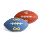 Two American footballs, one blue and one orange, with white laces are stacked diagonally. Each ball features a yellow infinity symbol and the words Infinity Design printed on the side.