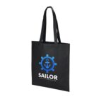 A black tote bag with long handles, featuring a blue ships wheel logo and an anchor in the center. The word SAILOR is printed in white below the logo.