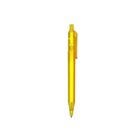 A translucent yellow retractable ballpoint pen with a clip, featured against a white background.