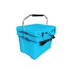 A bright blue cooler with a black handle and black latches, designed for portability. It has a sturdy appearance, suitable for keeping items chilled.