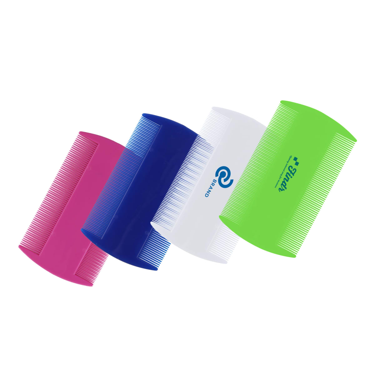 Four colorful plastic combs in pink, blue, white, and green arranged diagonally. Each comb has fine teeth and features a brand logo in the center. The combs are set against a white background.