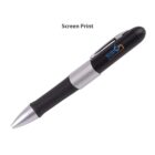 A black pen with silver accents and a clip is shown against a plain white background. The pen has text printed on its body.