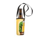 A beer bottle held in a yellow beverage holder with a black strap. The holder features an illustration of a beer bottle beside hops and greenery, with the word GOOD partially visible.