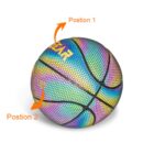 A colorful, reflective basketball with a hexagonal pattern displayed, showing a rainbow of colors. Two orange arrows labeled Position 1 and Position 2 indicate points of rotation or movement on the balls surface.