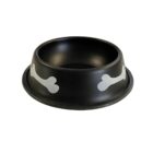 A black pet bowl with white bone designs around the exterior. The bowl has a wide base and a smooth, glossy surface.