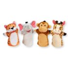 Four plush animal hand puppets are displayed: a tiger, an elephant, a monkey, and a giraffe. Each puppet features soft, colorful fabric and expressive faces, lined up side by side against a white background.