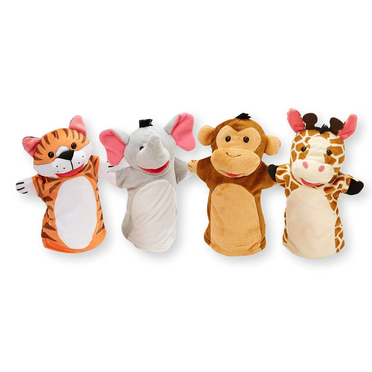 Four plush animal hand puppets are displayed: a tiger, an elephant, a monkey, and a giraffe. Each puppet features soft, colorful fabric and expressive faces, lined up side by side against a white background.