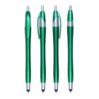 Four metallic green pens with sleek silver accents are shown standing vertically. Each pen is identical, featuring a click mechanism and a clip for attachment. The design is modern and minimalist.