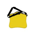 A bright yellow, soft-sided bag with black, adjustable shoulder straps. The bag has a curved design and appears to be made of a padded material. It features metal hardware on the straps.