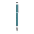 A sleek teal ballpoint pen with a textured grip and shiny silver accents on the clip, tip, and middle band, set against a plain white background.