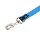 Close-up of a blue pet leash with a metal swivel clip at one end and a black tag with white text on the strap. The clip has a spring-loaded latch for securing to a collar or harness.