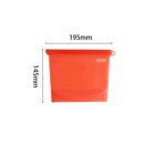 Red silicone food storage bag with a zipper closure. Features a measurement scale in cups, milliliters, and ounces. Dimensions are 195mm wide and 145mm tall. Brand name zero printed on the top corner.