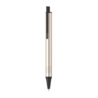 A sleek, metallic gold pen with a black clip and tip, shown against a plain white background.