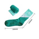 A pair of teal sports socks, one laid flat with SPORT written in white at the top and a geometric design, and the other rolled. Dimensions are marked as 200mm in length and 190mm in height.