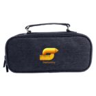 A black rectangular pencil case with a handle and zip, featuring a logo of a yellow pencil combined with a ruler on the front. The word Stationery is written beneath the logo.