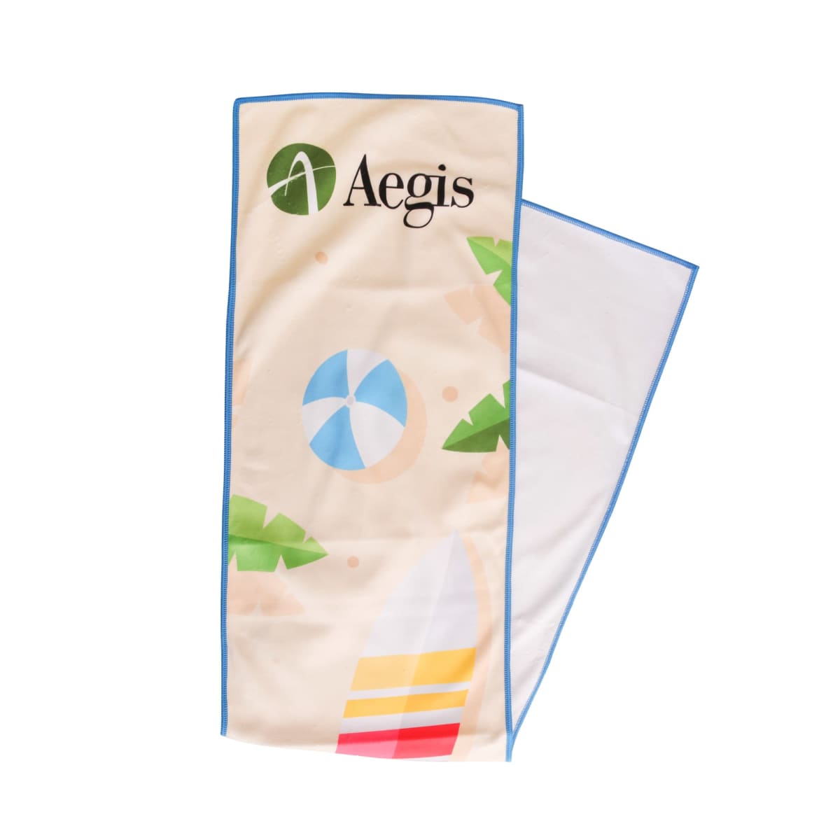 Beach-themed towel featuring the word Aegis and a design with a beach ball, sandals, and palm leaves. The towel is cream with a blue border.
