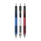 Three retractable ballpoint pens are lined up vertically against a white background. They have metallic blue, silver, and red barrels, each with black grips and clips, and silver tips and push buttons.