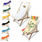 Two wooden folding chairs with fabric seats are displayed. One has a plain white design with a logo, the other a colorful Hello August print. Seven additional fabric color options are shown alongside in a vertical row.