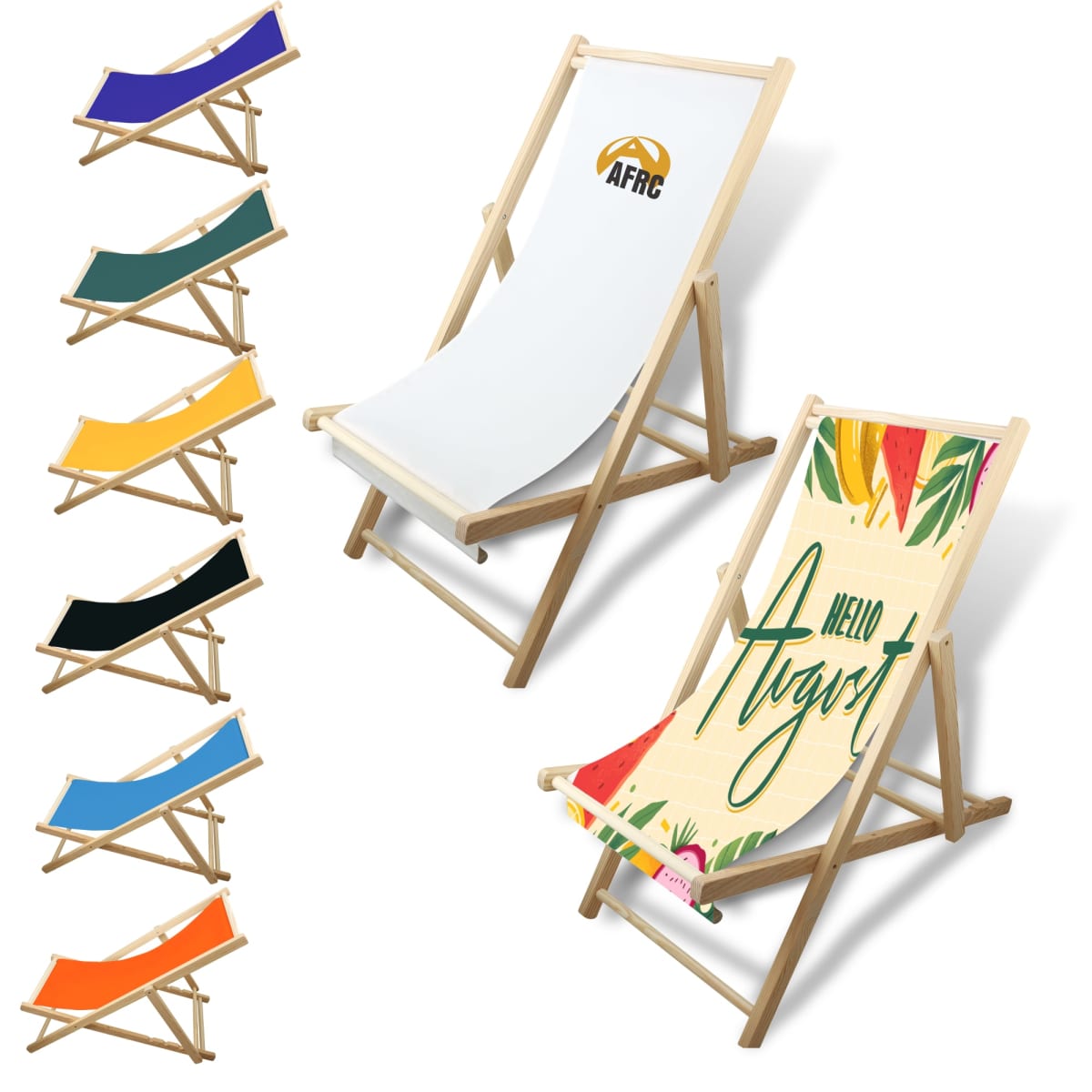 Two wooden folding chairs with fabric seats are displayed. One has a plain white design with a logo, the other a colorful Hello August print. Seven additional fabric color options are shown alongside in a vertical row.