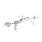 Multi-tool utensil featuring a spoon, fork, corkscrew, bottle opener, and knife on a central metallic body, designed for portable use.