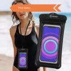 A woman on the beach wearing a black swimsuit holds a waterproof phone case with a lanyard around her neck. The phone case displays a phone with a colorful circular pattern on the screen. Theres an orange arrow with the text Print Option.