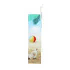 Side view of a box featuring a beach scene with a colorful beach ball, a message in a bottle, and seashells on the sand. Palm leaves appear at the top, against a blue sky background.