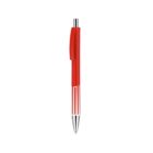 A red and silver ballpoint pen with a retractable tip. The body is primarily red with silver accents on the clip and tip. The design includes vertical silver stripes near the tip. The pen is centered on a white background.