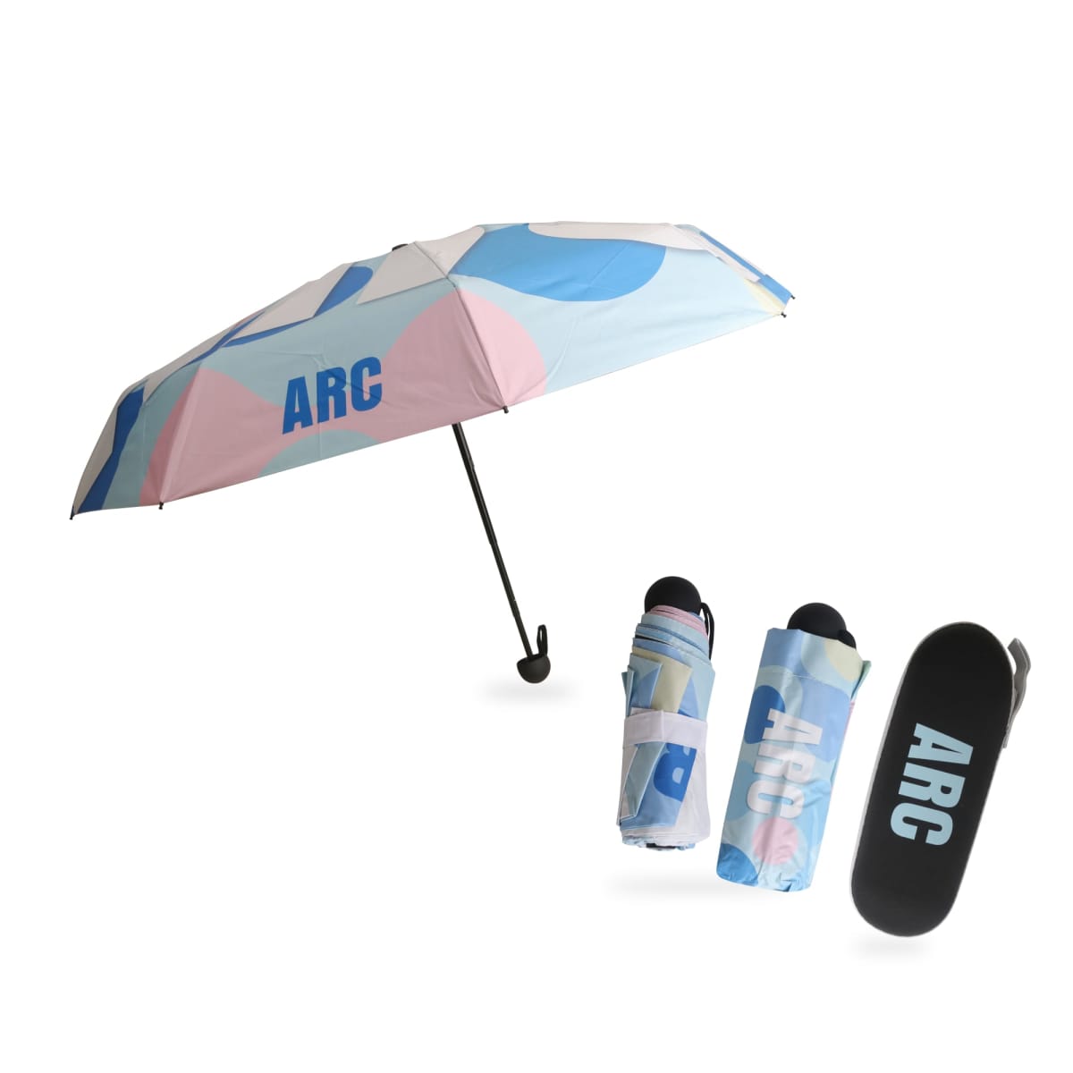 A folded and an open umbrella with a blue, white, and pink geometric pattern, labeled ARC. Two folded versions showcase the pattern and branding. The accompanying black case also displays the ARC label.