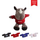 Plush gray rhino with a white horn, wearing a red shirt featuring the word creativity. Below, five customizable T-shirt options in black, red, blue, and white are shown, each with unique logos. Red banner reads Optional Custom T Shirt.
