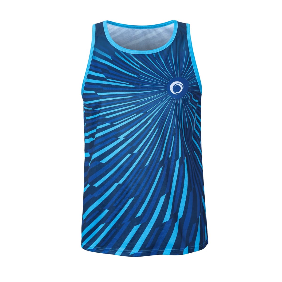 A sleeveless blue athletic shirt featuring a dynamic radial pattern, with varying shades of blue converging towards a circular emblem on the chest. The design creates an energetic, movement-inspired look.