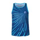 A sleeveless athletic shirt with a blue and dark blue geometric sunburst pattern. The shirt has a small circular logo on the upper left side.