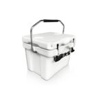 White portable cooler with a black handle and secured with two black latches. The cooler has cup holders on the lid and ICY SERIES in black letters on the front.