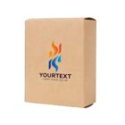 A plain cardboard box with a colorful abstract logo featuring orange, blue, and red shapes resembling flames. Below the logo are the words YOURTEXT and LOREM IPSUM DOLOR in black text.