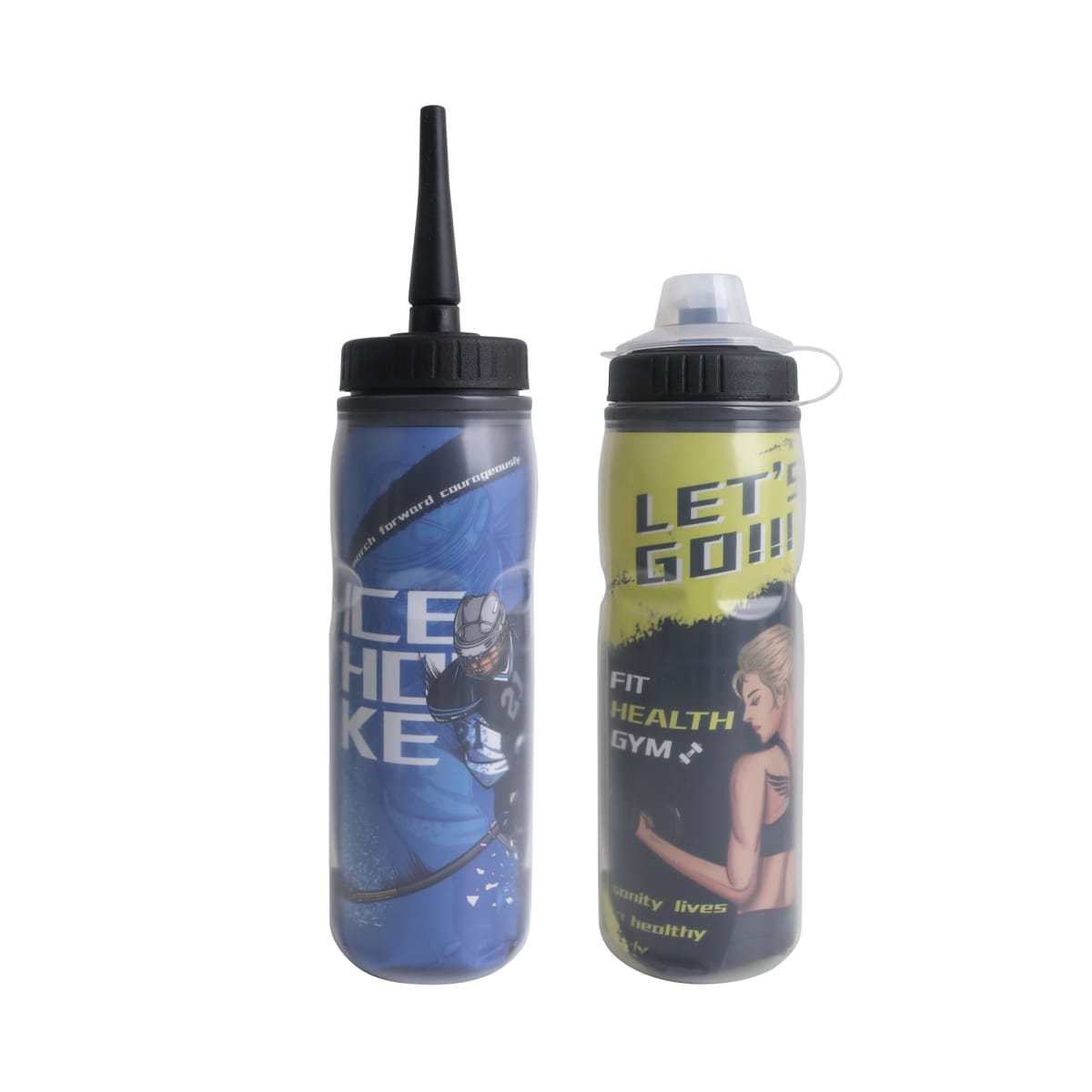 Two sports water bottles with athlete graphics and motivational text on them.