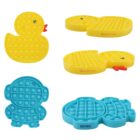Image of four pop-it fidget toys: two yellow duck-shaped ones, with one showing a side view, and two blue ones shaped like a monkey and a teddy bear.