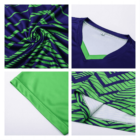 Collage of a sports jersey. Top left: close-up of twisted fabric showing blue and green zigzag pattern. Top right: V-neck in blue with green lining. Bottom left: edge of a green sleeve. Bottom right: inside view of a jersey with the same pattern.