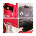 Collage of a backpack: Top-left shows a side pocket with a small bottle. Top-right displays a zipper pocket with a phone. Bottom-left shows two zipper pulls. Bottom-right displays the main compartment being opened by a hand.