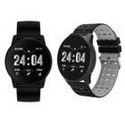 Two black smartwatches with digital displays showing time as 24:04. Features include steps walked, calories burned, distance covered, and date. The left watch has a solid band, while the right has a perforated band.