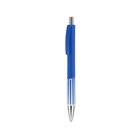 A retractable ballpoint pen with a blue plastic body, silver tip, and metal clip, set against a white background.