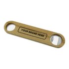 A wooden bottle opener featuring a flat design with a circular hole at each end. One end includes a metal opening for bottle caps, and the flat surface is engraved with the text YOUR BRAND HERE.